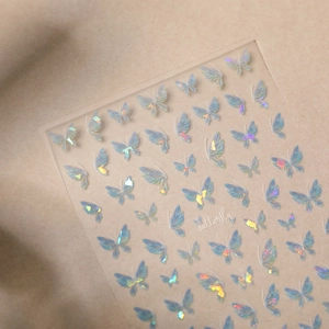 Self-adhesive butterfly nail art stickers with iridescent holographic laser effect on PET