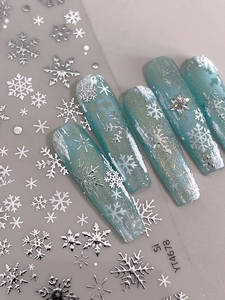 Macro detail of silver holographic snowflake nail art stickers with 3D winter effect YT4678