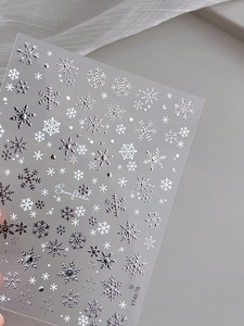 Macro view of YT4678 holographic snowflake nail stickers with silver glitter finish