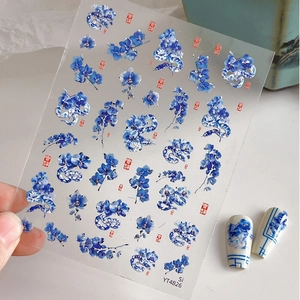 Blue porcelain snake nail art stickers with floral patterns and silver foil accents YT4826