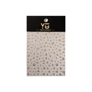 3D gold flower and green leaf nail art stickers with self-adhesive backing YT4302