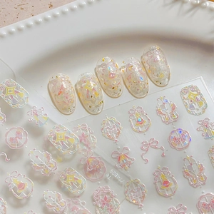 Aurora Iridescent Pink Bow Knot Relief Nail Art Stickers Star Pattern Holographic Self-Adhesive Nail Decals For Women DIY Decor