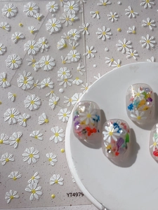 Detail of YT4979 embossed daisy nail stickers with 3D floral and pearl accents