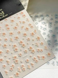 Detailed macro view of 5D embossed floral nail art stickers with textured flower petals