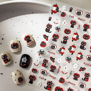Cute 3D Relief Black Cat Red Apple Nail Art Stickers Cartoon Self-Adhesive Nail Decals For Women DIY Nail Decoration YT5048