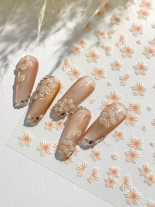 Detail of 5D embossed white cherry blossom nail stickers with floral nail art samples