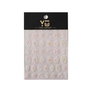 Pink bow nail art stickers set with floral and star motifs on purple background