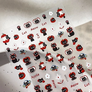 Cute embossed black cat and red apple nail art stickers with white flower designs
