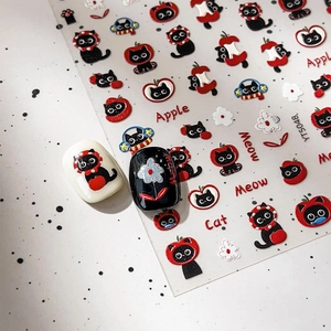 Cute 3D embossed nail stickers featuring black cats and red apples with 5048 model code