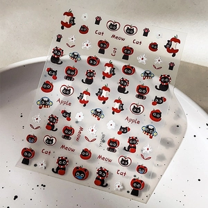 Cute black cat and red apple embossed nail stickers for creative manicure decoration