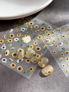 Macro detail of sunflower nail art stickers YT5097 with floral patterns on nail tips