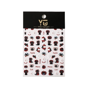 Cute embossed nail art stickers featuring black cats, red apples, and daisy patterns