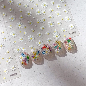 5D Embossed Daisy Nail Art Stickers Relief Floral Design Self Adhesive 3D White Flower Decals For DIY Manicure Decoration