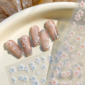 5D Embossed White Flower Cherry Blossom Pattern Nail Stickers Sweet Fresh Self-Adhesive Nail Decals For Women DIY Manicure