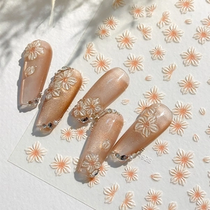 5D embossed white daisy nail art stickers with champagne gold cat eye finish effect