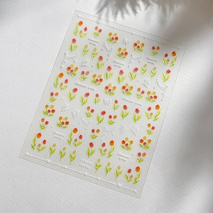Stickers ongles 5D gaufrés avec tulipes et papillons aux tons rouge et orange vifs