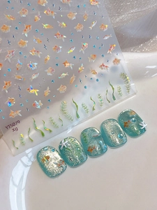 5D gold fish nail stickers with embossed seaweed and bubble patterns for summer manicure