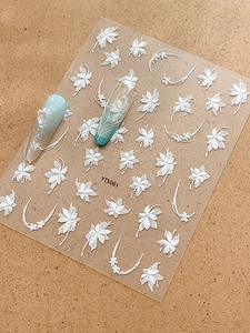 Detail of 3D embossed white floral nail stickers YT5081 with elegant petal designs