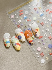 Detailed 3D embossed nail stickers featuring Japanese Fujiyama and cherry blossom motifs