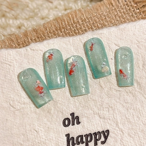 Exquisite 3D koi fish nail art stickers with light blue glitter and shell pearls
