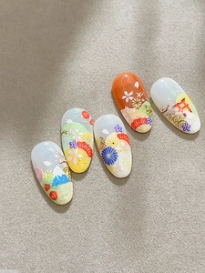 Detailed 3D embossed nail art stickers with traditional Japanese floral and wave motifs