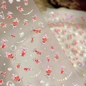 Holographic koi fish and shell nail art stickers with glitter pearl decorative elements