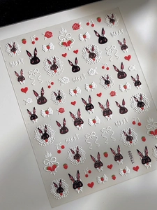 Detaillierte 5D-Relief-Nagelaufkleber mit 3D-Hasen-, Erdbeer- und Schleifen-Designs