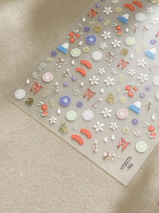 Detail of embossed Japanese style nail stickers featuring Fuji mountain and cherry blossoms
