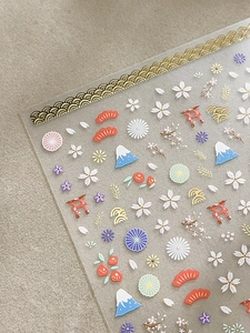 Detail of embossed Japanese nail stickers with Mount Fuji and cherry blossom patterns