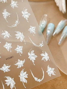 Detail of YT5081 3D embossed white floral and blue butterfly nail stickers on beige back