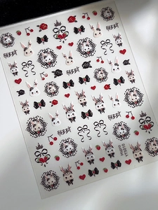 3D-Präge-Nagelsticker mit Gothic-Hasen, Spitze, roten Herzen und schwarzen Rosen