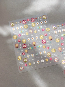 Detail of floral nail art stickers featuring sunflowers and smiley faces on YT5100 sheet