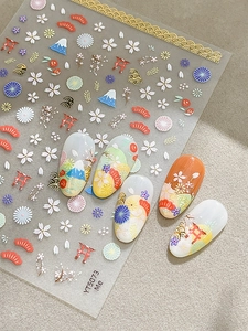 Detailed relief nail stickers featuring Japanese cherry blossoms and Mount Fuji designs