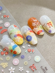 Detail of embossed Japanese nail stickers with cherry blossoms and Mount Fuji designs
