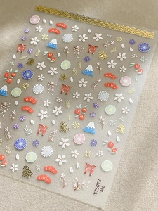 Detailed view of floral nail stickers featuring Fuji mountain and cherry blossoms