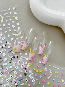 Detail of 3D embossed floral nail stickers with macaron flower patterns and spring text