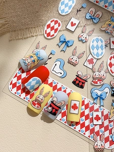 Detailed relief nail stickers featuring Alice in Wonderland rabbits and card motifs