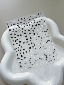 Macro detail of YT5141 nail stickers featuring monochrome floral patterns and spring text