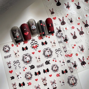 5D-Relief-Nagelaufkleber Süßes Gothic-Häschen Herz-Erdbeer-Blumen-Design Klebende Maniküre-Dekoration Für Damen Schönheitswerkzeuge
