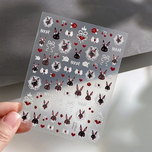 3D-Relief Nagelsticker mit niedlichen dunklen Hasen, Schmetterlingen und Vintage-Rahmen