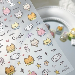 Süße Cartoon Katzen Nagelaufkleber mit Glitzersternen und handgezeichneten Buchstaben