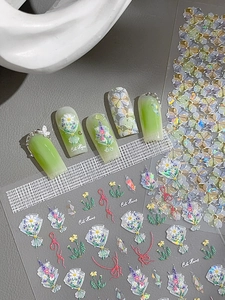Detail of Cute Flowers nail art stickers with 3D floral designs and bow accents