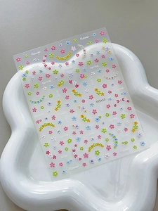 Detail of 3D embossed floral nail stickers YT5123 with colorful mini flowers and text