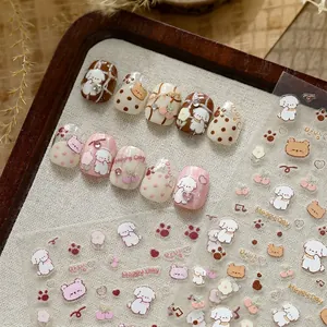 Cute 3D Embossed Cartoon Dog Bear Nail Stickers Colorful Flower Heart Pattern Waterproof Nail Art Decals For Women DIY Manicure