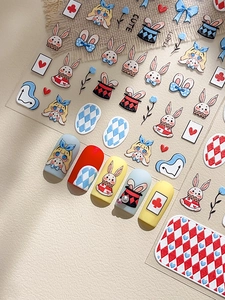 Detail view of 3D embossed cartoon rabbit and Alice theme nail art stickers YT4871