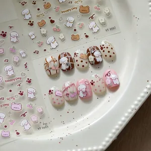 Cute cartoon puppy and floral 3D embossed nail art stickers set in sweet pink and white