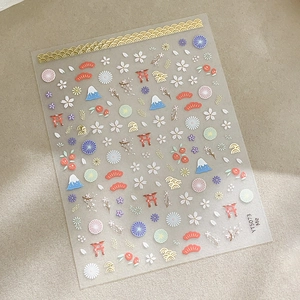 Embossed Japanese style nail art stickers with Mount Fuji, torii, and cherry blossom