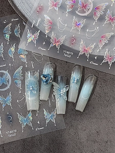 Detailed view of iridescent butterfly nail stickers with holographic aurora finish YT4878