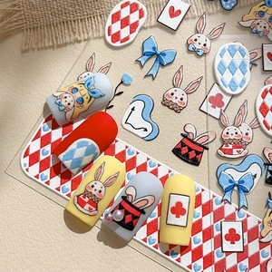 Alice In Wonderland Style 5D Embossed Nail Stickers Cute Cartoon Rabbit Playing Card Heart Bow Relief Nail Decals Manicure