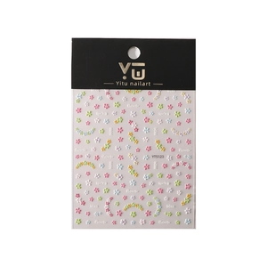 Colorful floral embossed nail art stickers with English spring letters on white background
